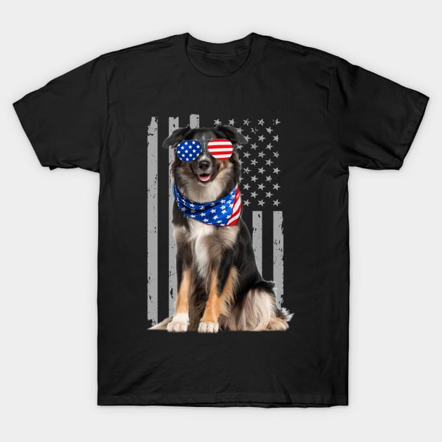 Energetic Aussies Dog American Flag, Stylish Statement Tee Collection T-Shirt by Mushroom Time